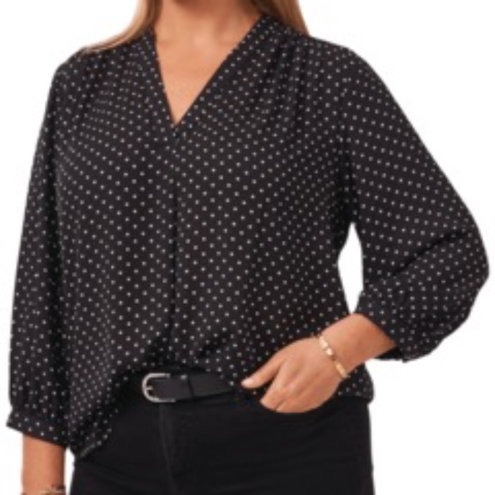 Vince Camuto Black V-Neck Polka Dot Blouse with White Dots